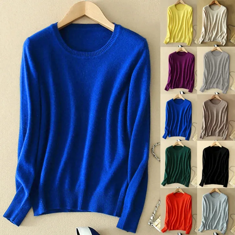 Women O-Neck Cashmere Wool Sweater Autumn Winter Long Sleeve Knitted Pullover Casual Warm Jumpers Bottoming Shirt Knitwear Top