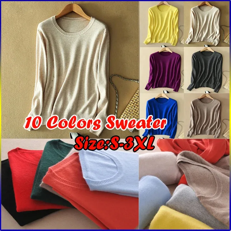 Women O-Neck Cashmere Wool Sweater Autumn Winter Long Sleeve Knitted Pullover Casual Warm Jumpers Bottoming Shirt Knitwear Top