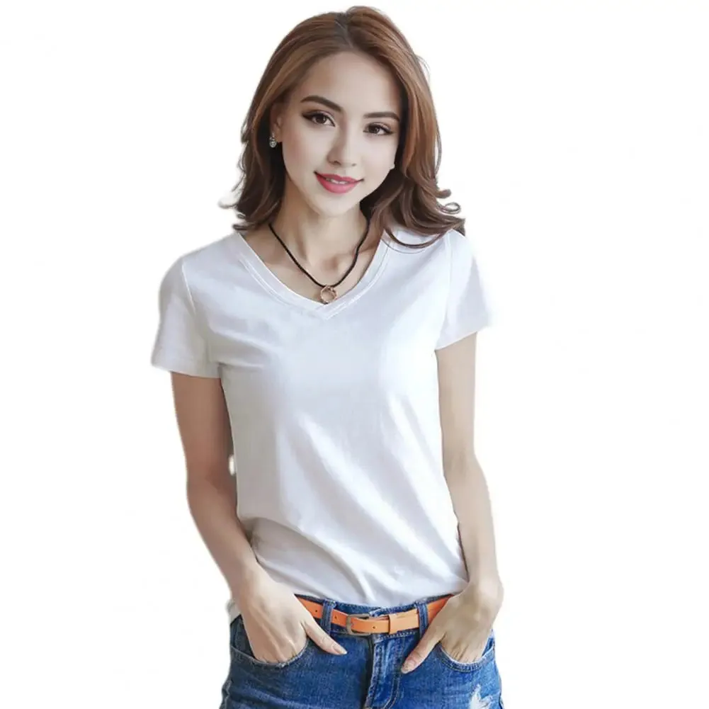 Women T-shirt V-neck Short Sleeve Slim Fit T-shirt Solid Color Pullover Tops Stretchy Bottoming Shirt Women Blouse Streetwear