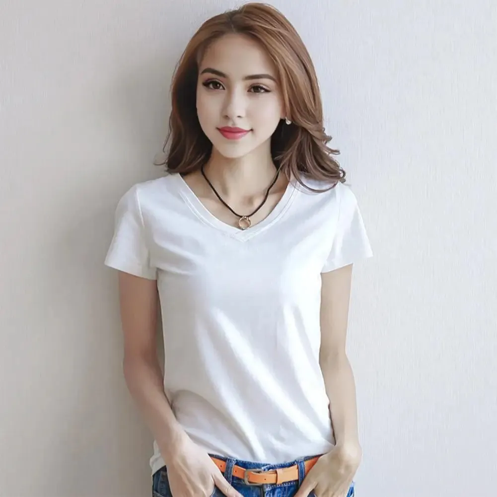 Women T-shirt V-neck Short Sleeve Slim Fit T-shirt Solid Color Pullover Tops Stretchy Bottoming Shirt Women Blouse Streetwear