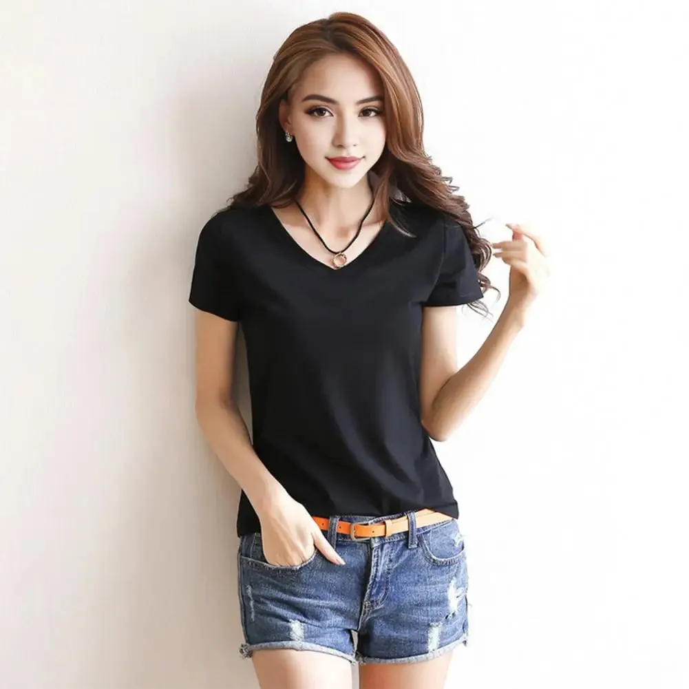 Women T-shirt V-neck Short Sleeve Slim Fit T-shirt Solid Color Pullover Tops Stretchy Bottoming Shirt Women Blouse Streetwear