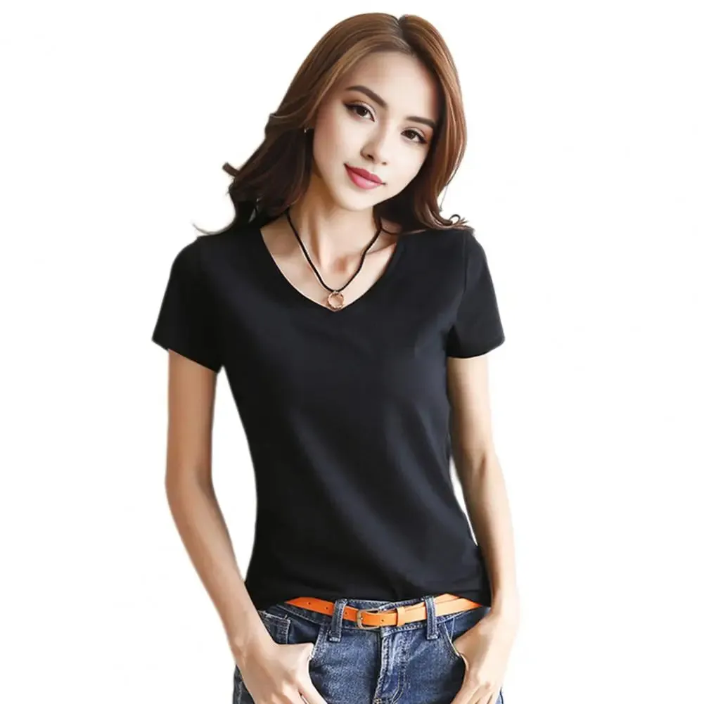 Women T-shirt V-neck Short Sleeve Slim Fit T-shirt Solid Color Pullover Tops Stretchy Bottoming Shirt Women Blouse Streetwear