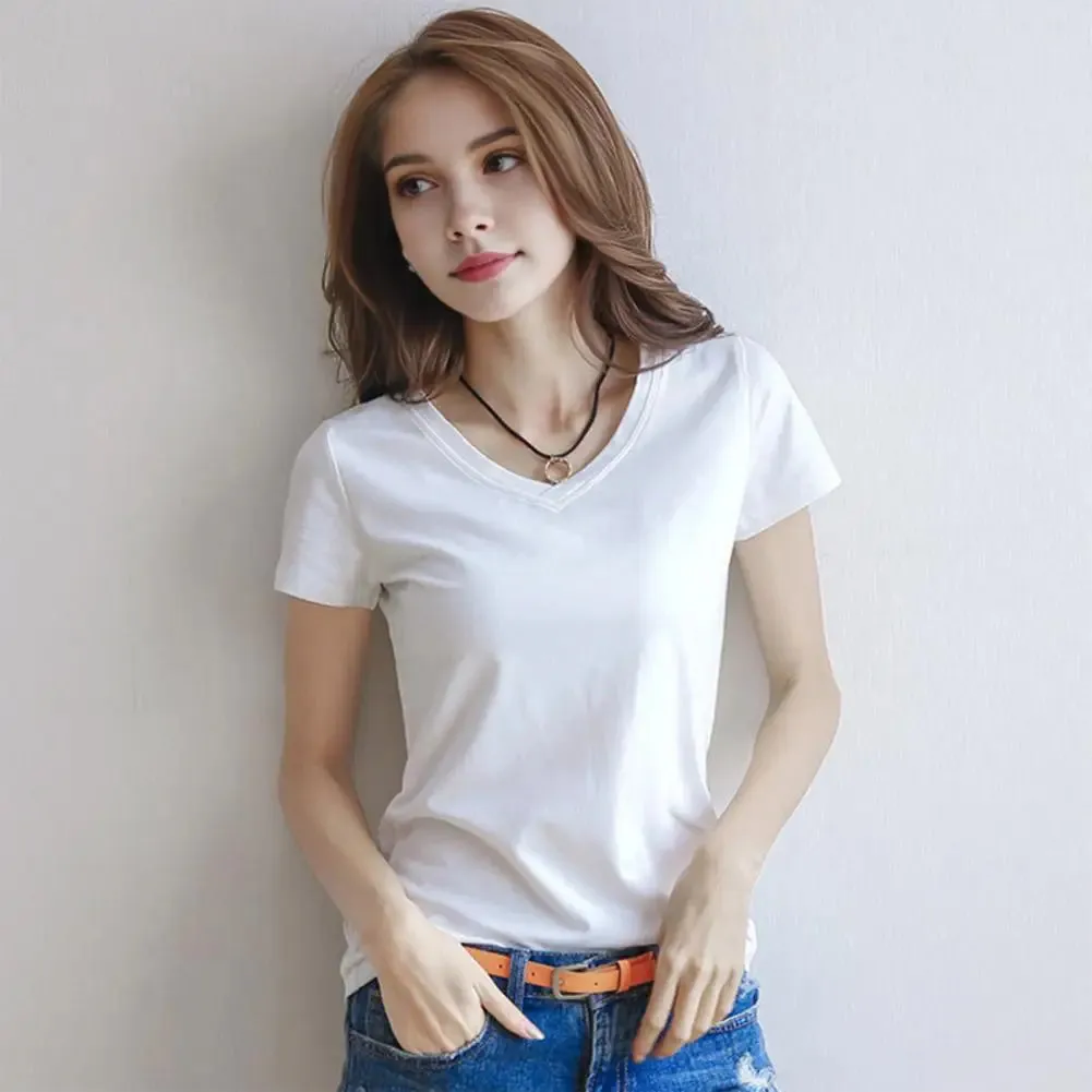 Women T-shirt V-neck Short Sleeve Slim Fit T-shirt Solid Color Pullover Tops Stretchy Bottoming Shirt Women Blouse Streetwear