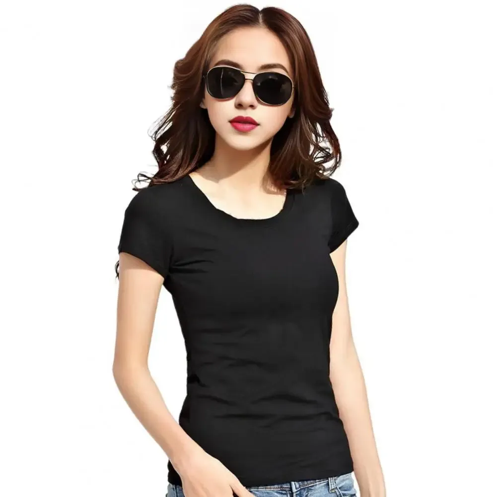 Women T-shirt V-neck Short Sleeve Slim Fit T-shirt Solid Color Pullover Tops Stretchy Bottoming Shirt Women Blouse Streetwear