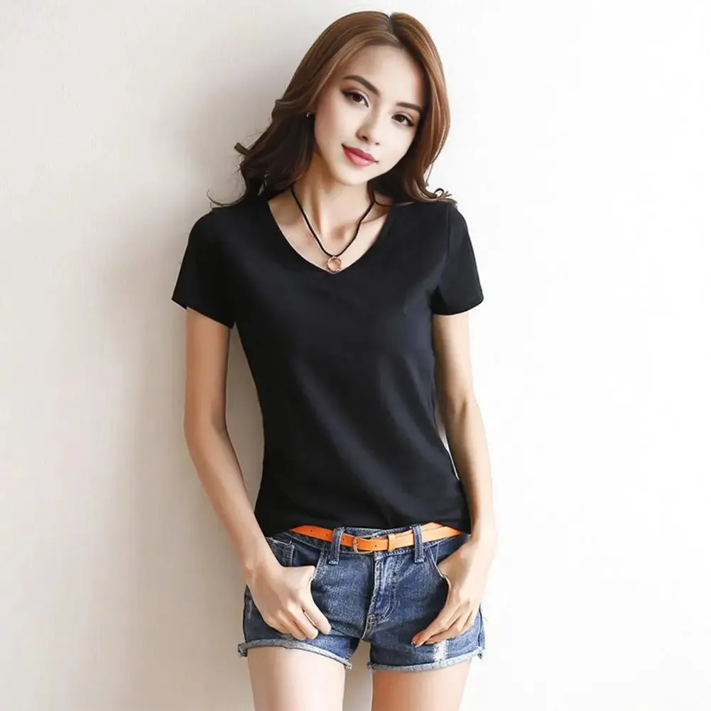 Women T-shirt V-neck Short Sleeve Slim Fit T-shirt Solid Color Pullover Tops Stretchy Bottoming Shirt Women Blouse Streetwear